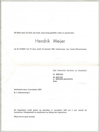 Rouwkaart Hendrik Meijer